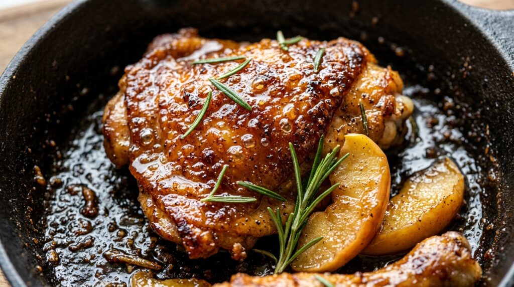 Ultra close up macro shot of crispy-skinned chicken thighs glistening in spiced apple cider glaze with caramelized honeycrisp apple wedges and fresh rosemary