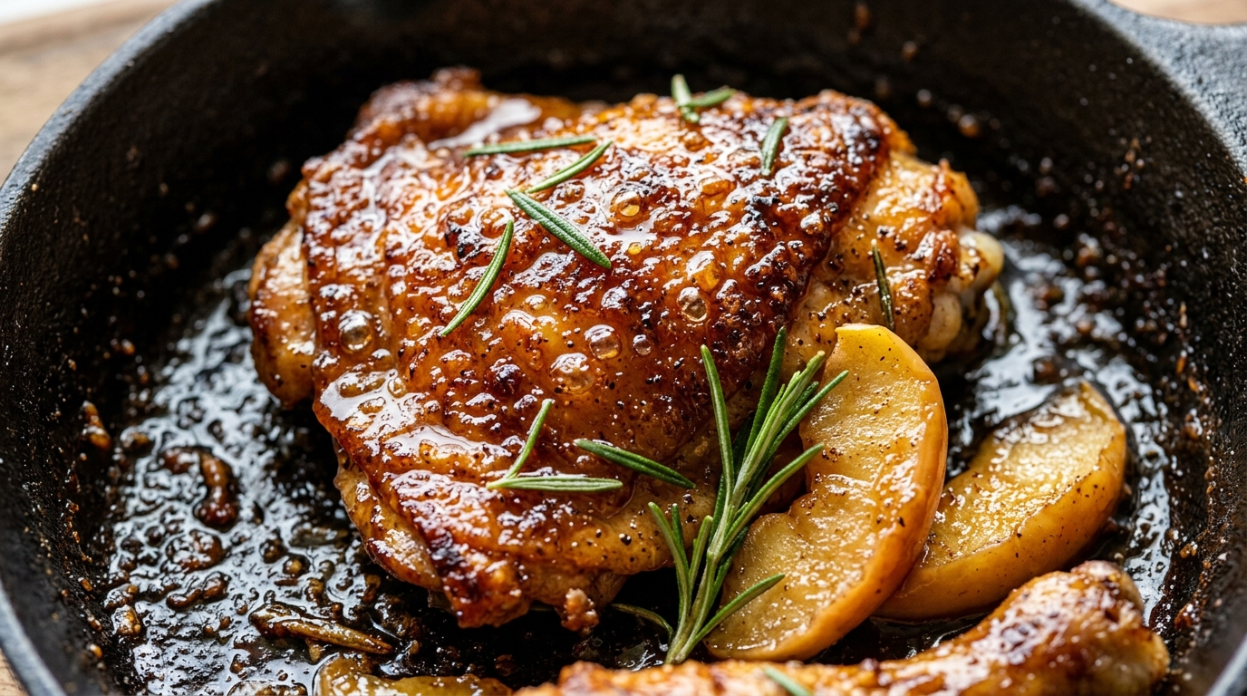 Ultra close up macro shot of crispy-skinned chicken thighs glistening in spiced apple cider glaze with caramelized honeycrisp apple wedges and fresh rosemary