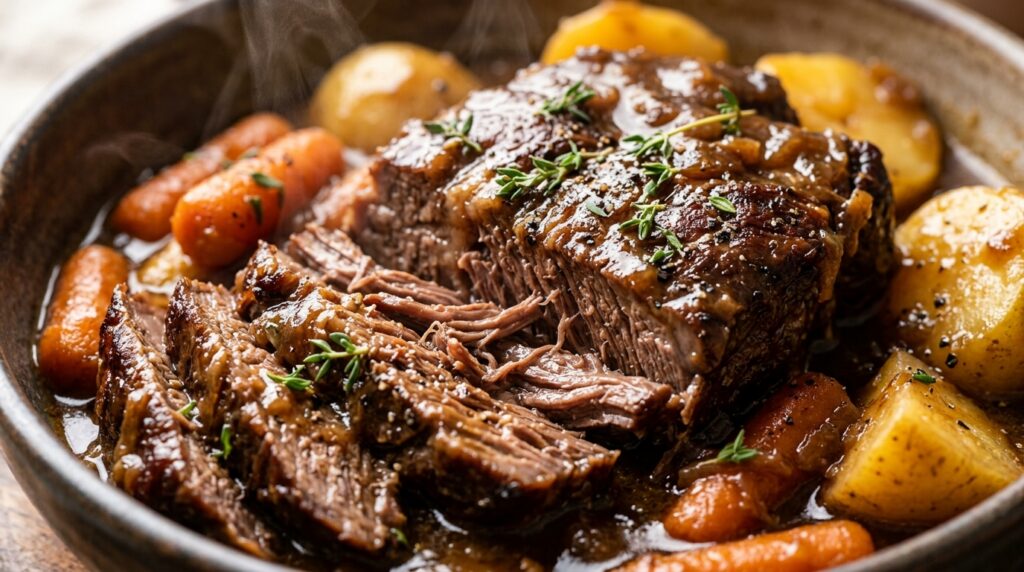Ultra close up macro shot of tender slow cooker halal beef pot roast with rich glossy gravy and caramelized carrots