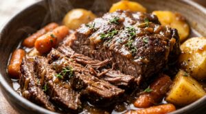 Ultra close up macro shot of tender slow cooker halal beef pot roast with rich glossy gravy and caramelized carrots