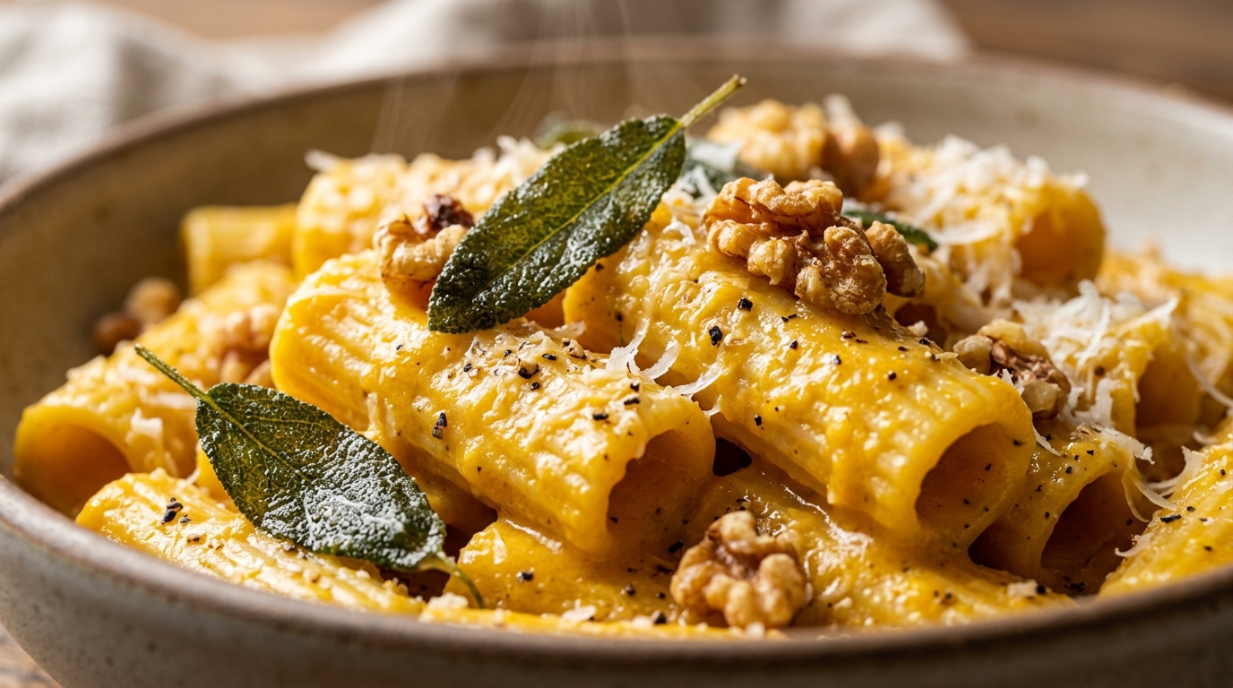 Ultra close up macro shot of creamy roasted butternut squash rigatoni with crispy sage and parmesan