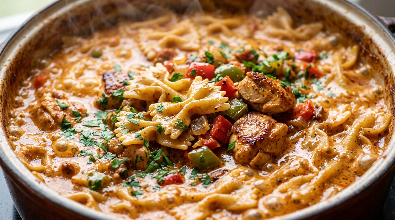 Ultra close up macro shot of one-pot creamy cajun chicken and bowtie pasta simmering in velvety sauce