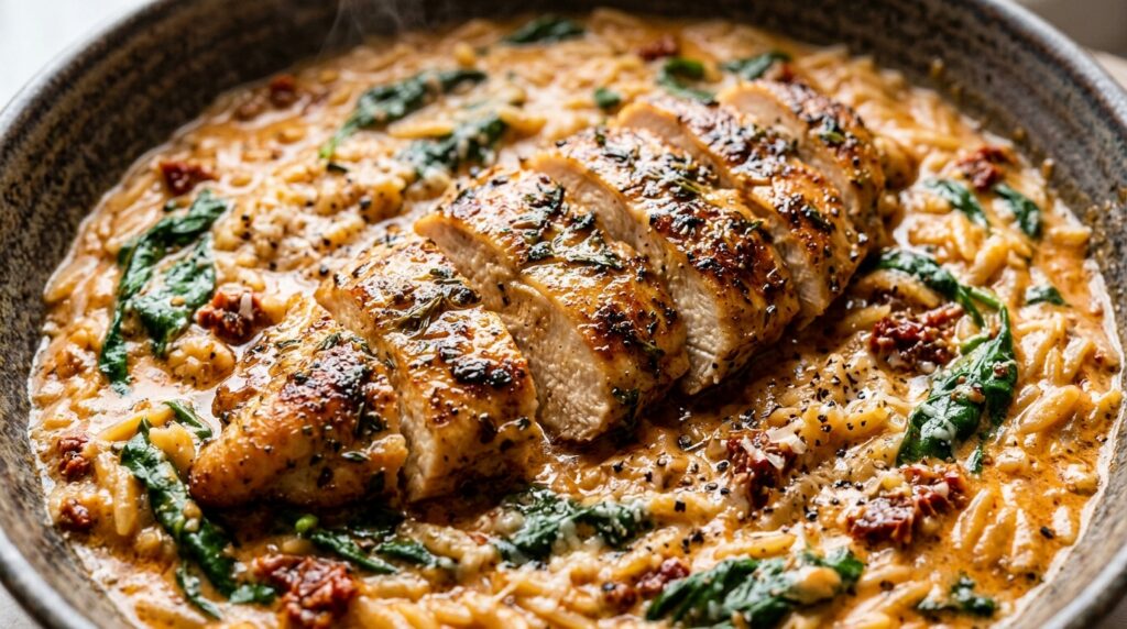 Ultra close-up macro food photography of Creamy Marry Me Chicken and Orzo with sun-dried tomatoes and baby spinach