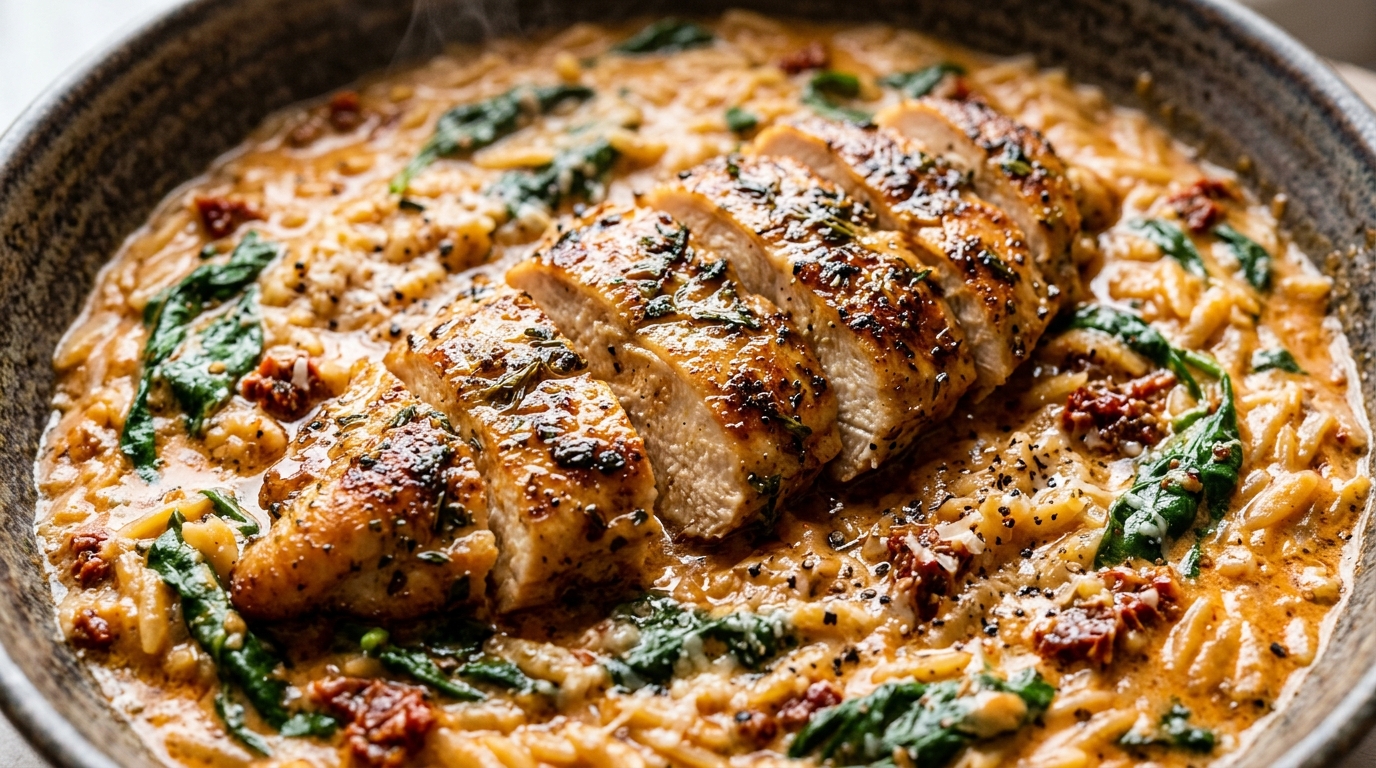 Ultra close-up macro food photography of Creamy Marry Me Chicken and Orzo with sun-dried tomatoes and baby spinach