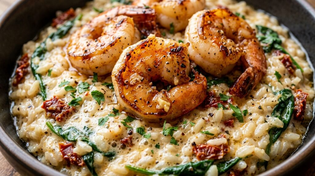 Ultra close-up macro food photography of Creamy Tuscan Garlic Butter Shrimp and Rice with sun-dried tomatoes and spinach