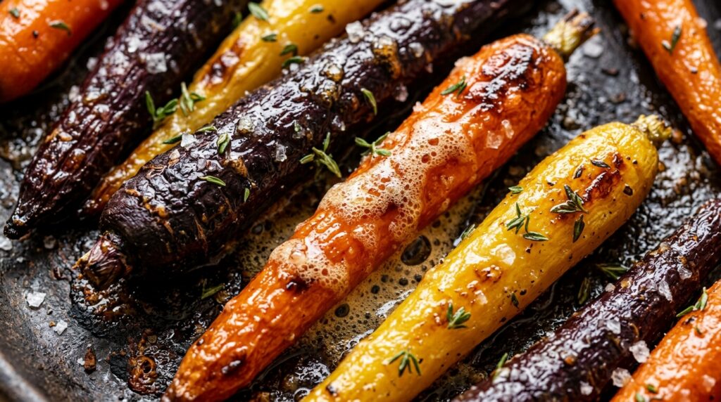 Ultra close up macro shot of caramelized roasted rainbow carrots blistered in foaming honey brown butter with flaky sea salt and fresh thyme