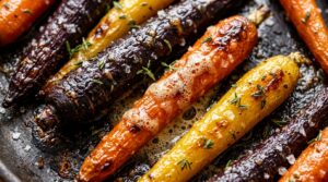 Ultra close up macro shot of caramelized roasted rainbow carrots blistered in foaming honey brown butter with flaky sea salt and fresh thyme