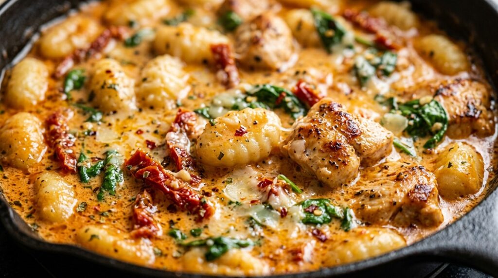 Ultra close up macro shot of bubbling creamy garlic parmesan sauce hugging pillowy gnocchi tender seared chicken bites and sun dried tomatoes