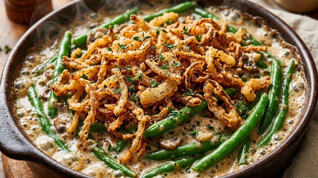 Ultra close up macro shot of bubbling from scratch green bean casserole with crispy golden fried onions