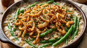 Ultra close up macro shot of bubbling from scratch green bean casserole with crispy golden fried onions