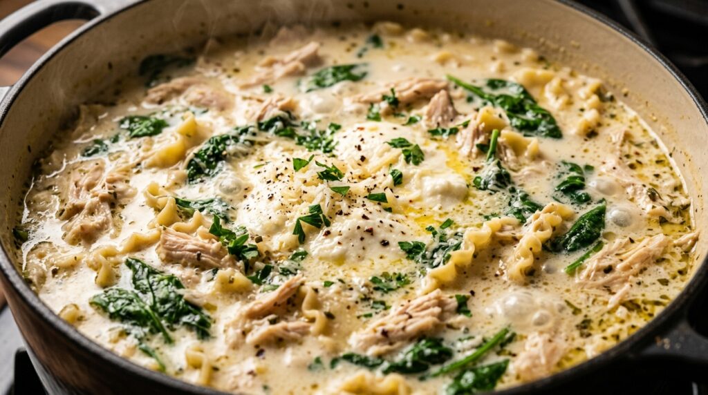 Ultra close up macro shot of cozy creamy white chicken lasagna soup with ricotta swirl
