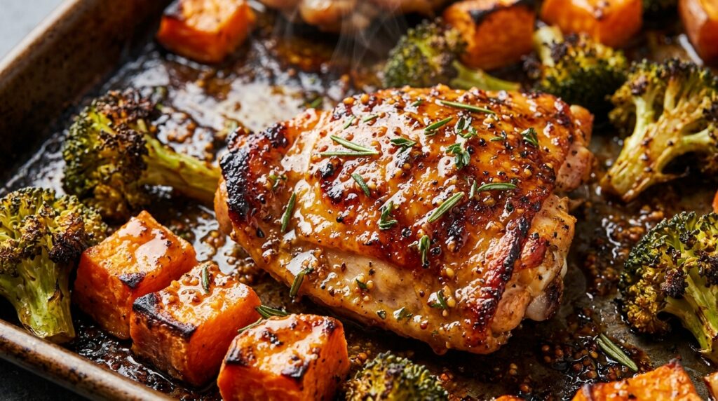Ultra close up macro shot of sheet pan maple mustard chicken and sweet potatoes with caramelized glaze