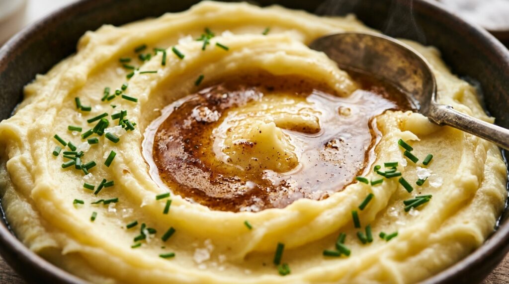 Ultra close up macro shot of creamy roasted garlic mashed potatoes with pool of golden brown butter and fresh chives