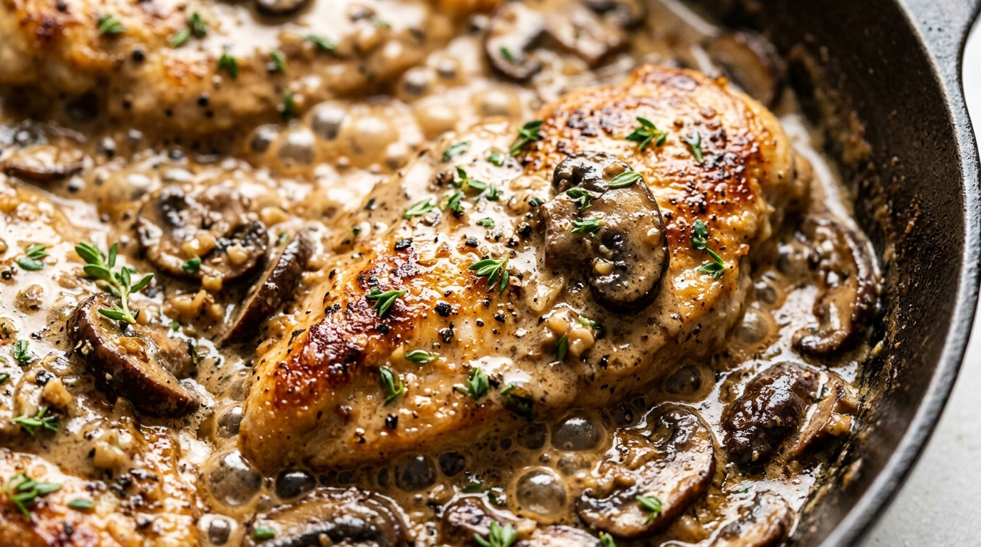 Ultra close up macro shot of golden pan seared chicken cutlets simmering in rich velvety wild mushroom garlic cream sauce with fresh thyme