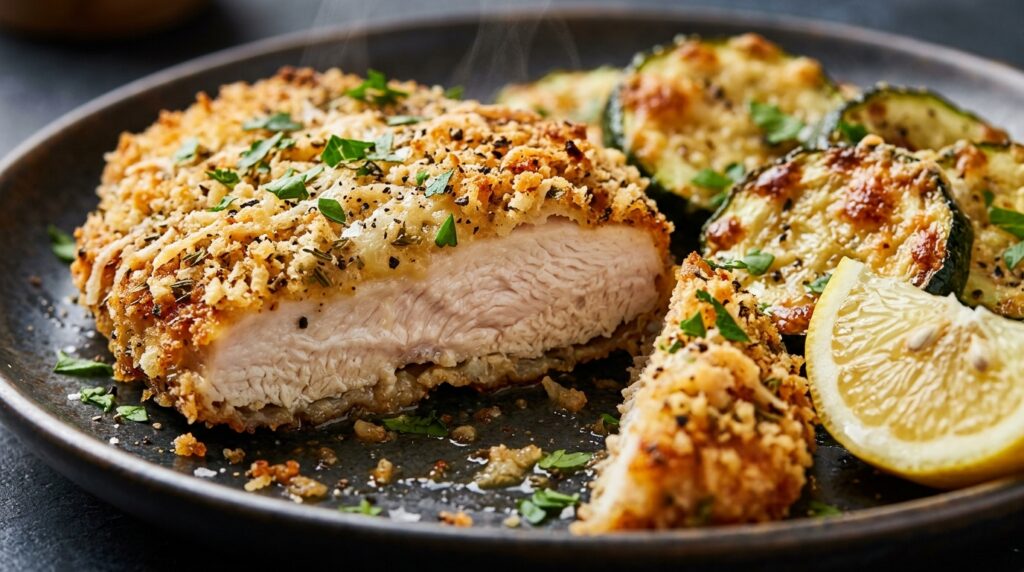 Ultra close up macro shot of crispy baked parmesan zucchini chicken cutlets sliced with roasted zucchini