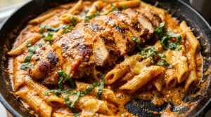 Ultra close up macro shot of sliced golden seared chicken over penne in creamy roasted red pepper sauce