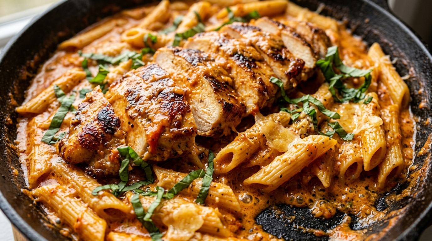 Ultra close up macro shot of sliced golden seared chicken over penne in creamy roasted red pepper sauce
