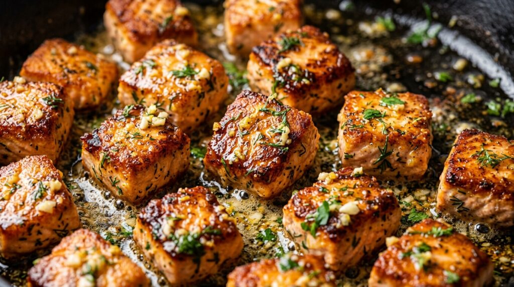 Ultra close up macro shot of crispy caramelized golden seared salmon cubes glistening in bubbling lemon garlic herb butter with fresh dill and parsley