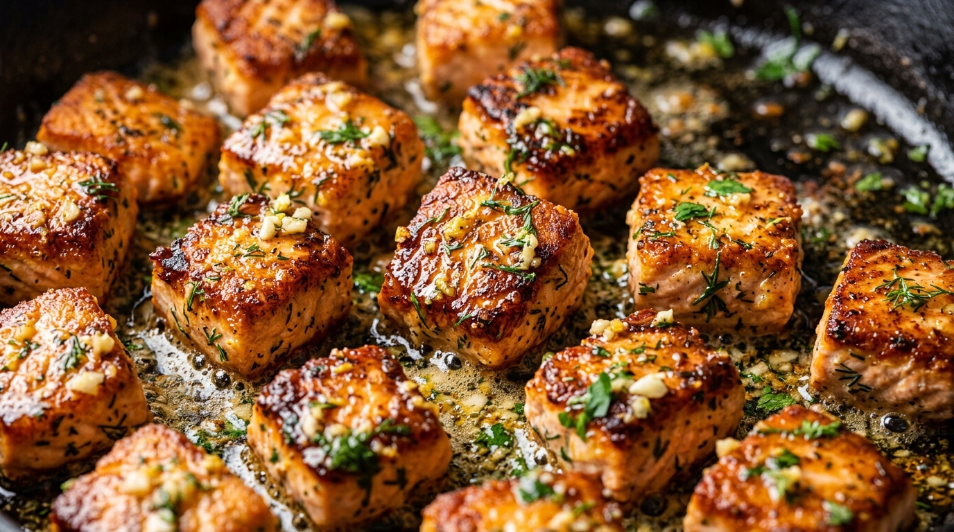 Ultra close up macro shot of crispy caramelized golden seared salmon cubes glistening in bubbling lemon garlic herb butter with fresh dill and parsley