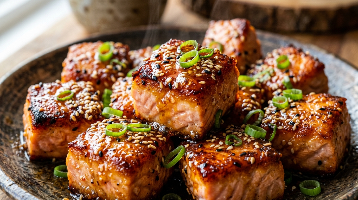 Ultra close up macro shot of crispy hot honey glazed salmon bites with sesame seeds and scallions
