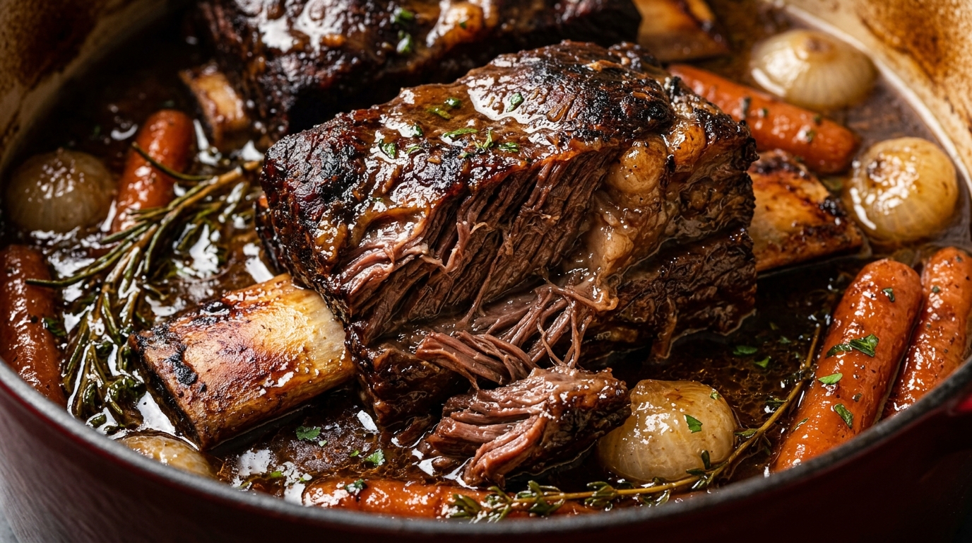 Ultra close up macro shot of fall apart tender bone-in braised beef short ribs simmering in rich herb bone broth reduction gravy with carrots and pearl onions