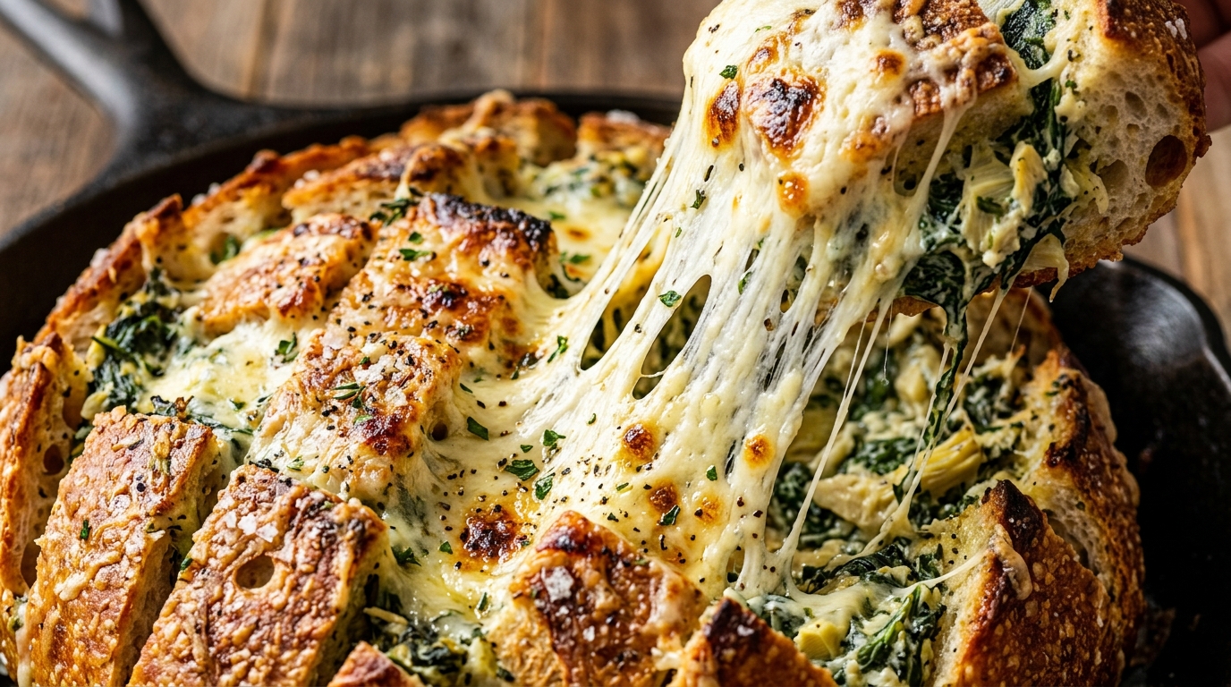 Ultra close up macro shot of molten cheese pull stretching from golden garlic herb butter crust sourdough bread stuffed with creamy spinach artichoke dip