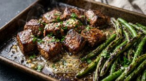 Ultra close up macro shot of caramelized garlic butter steak bites and blistered green beans with fresh parsley