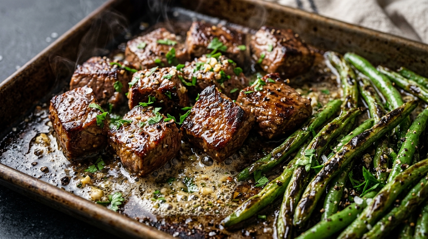 Ultra close up macro shot of caramelized garlic butter steak bites and blistered green beans with fresh parsley