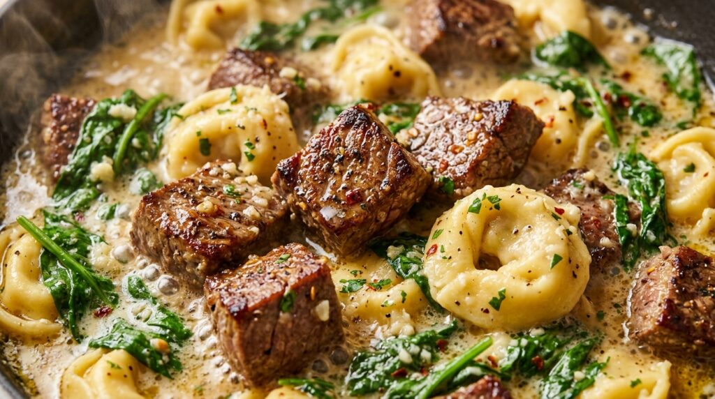 Ultra close up macro shot of creamy garlic butter steak and spinach tortellini in bubbling sauce