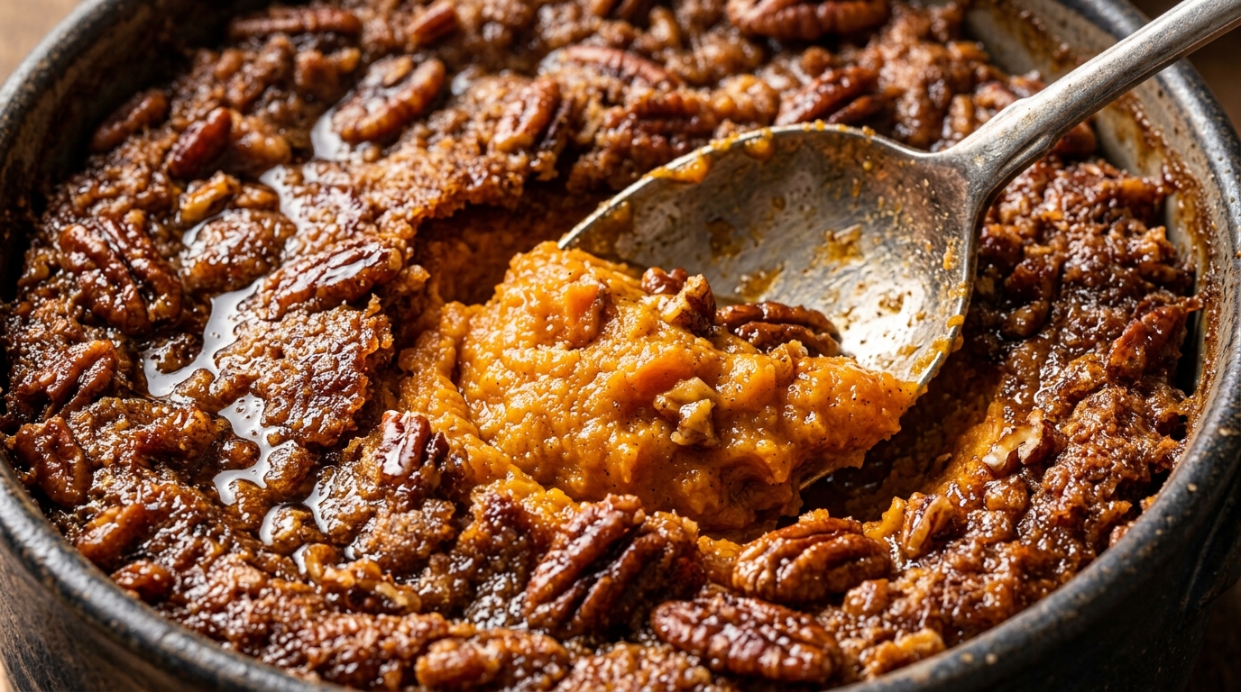 Ultra close up macro shot of bubbling golden brown candied pecan streusel atop velvety spiced maple sweet potato casserole