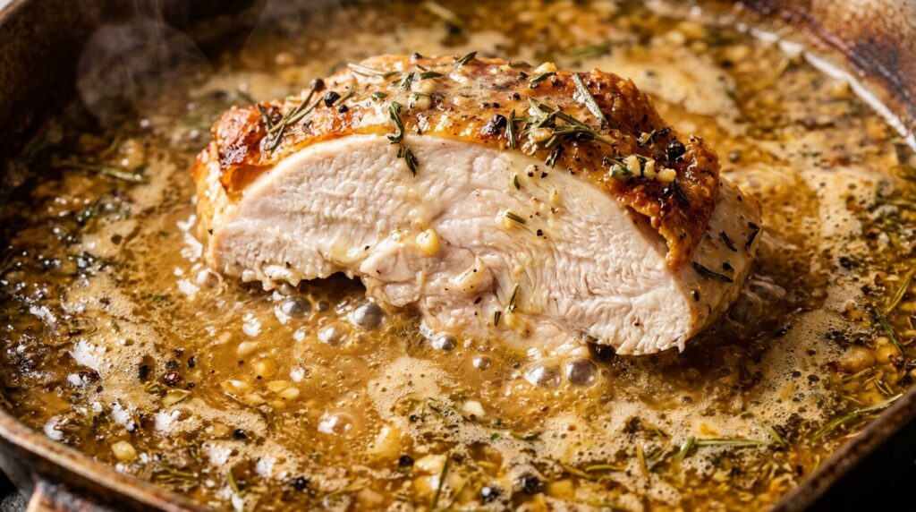 Ultra close up macro shot of juicy garlic herb butter roasted turkey breast with golden skin and pan juices
