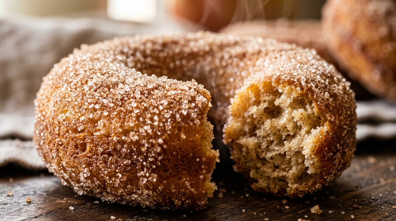 Ultra close up macro food photography of warm homemade baked apple cider donuts generously coated in sparkling cinnamon sugar