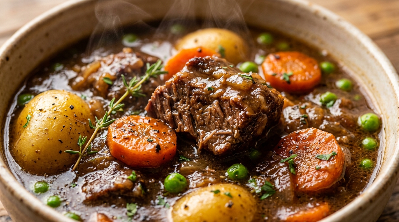 Ultra close up macro food photography of cozy rich slow cooker beef stew with fork-tender beef chuck, baby potatoes, carrots, and rich dark gravy