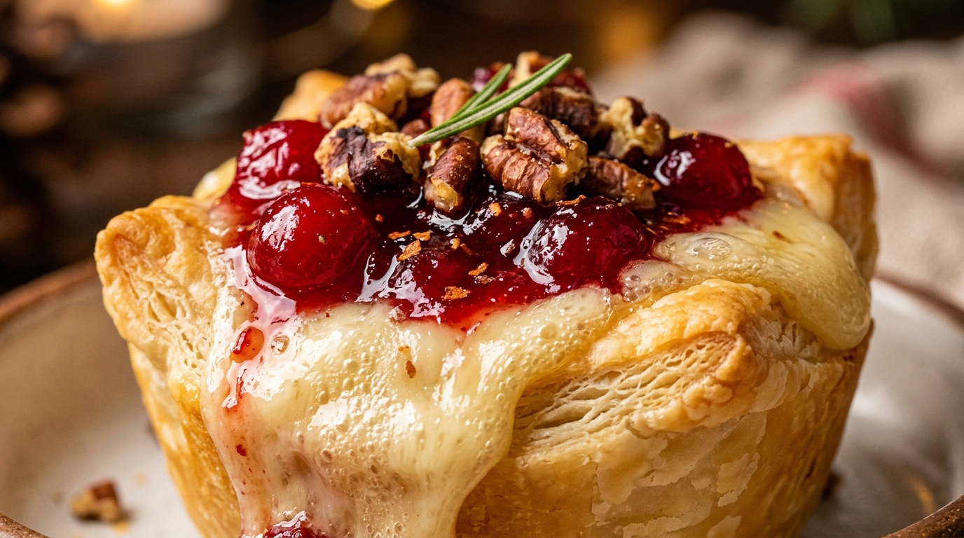 Ultra close up macro shot of baked cranberry pecan brie bites in flaky puff pastry cups overflowing with molten brie cheese