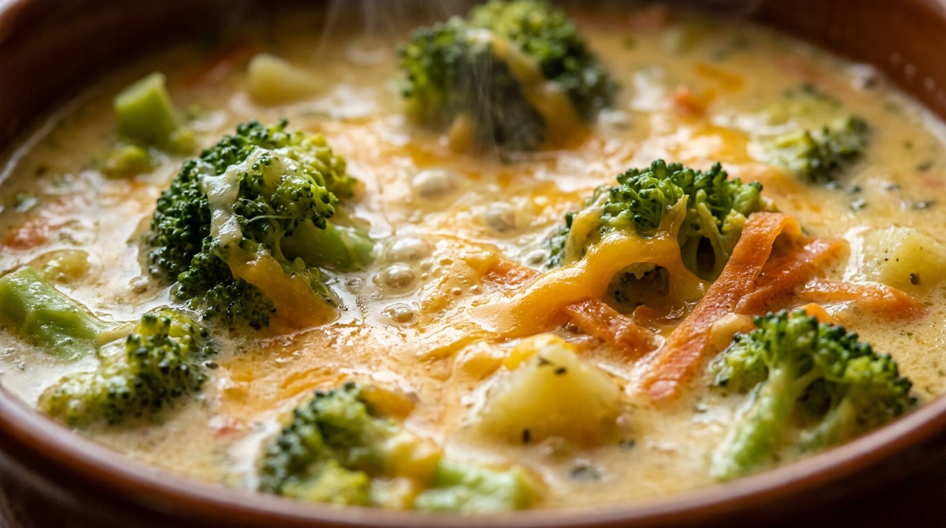 Ultra close up macro food photography of rich velvety broccoli cheddar soup shimmering with tender green broccoli florets, shredded carrots, diced potatoes, and melted sharp cheddar