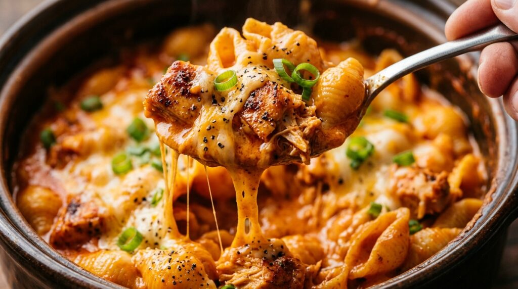 Ultra close up macro shot of medium pasta shells and tender chicken bites coated in glossy velvety orange buffalo cheddar cream sauce with green onions