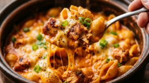 Ultra close up macro shot of medium pasta shells and tender chicken bites coated in glossy velvety orange buffalo cheddar cream sauce with green onions