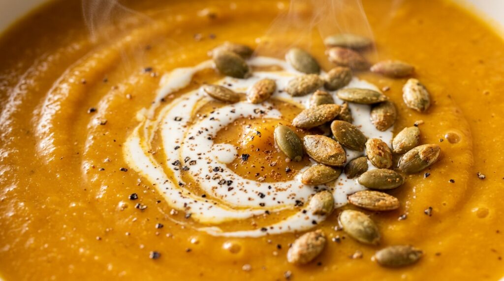 Ultra close up macro food photography of velvety slow cooker roasted butternut squash soup with cream swirl and toasted pumpkin seeds
