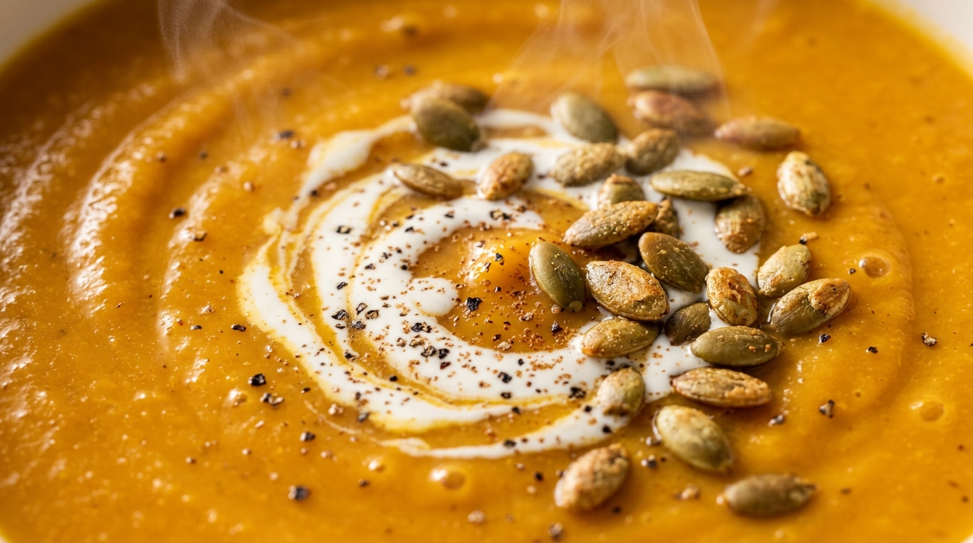 Ultra close up macro food photography of velvety slow cooker roasted butternut squash soup with cream swirl and toasted pumpkin seeds