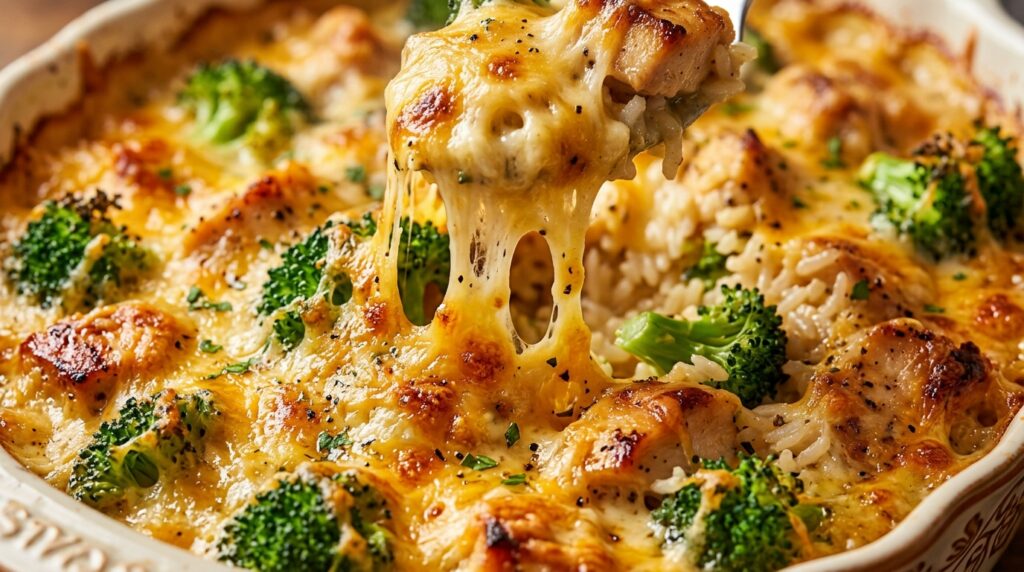 Ultra close up macro shot of bubbling cheesy chicken broccoli rice casserole with golden melted sharp cheddar and crispy toasted herb panko breadcrumbs