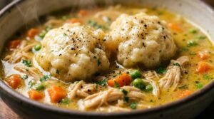 Ultra close up macro shot of slow cooker crockpot chicken and dumplings with fluffy steamed buttermilk dumplings in velvety chicken gravy
