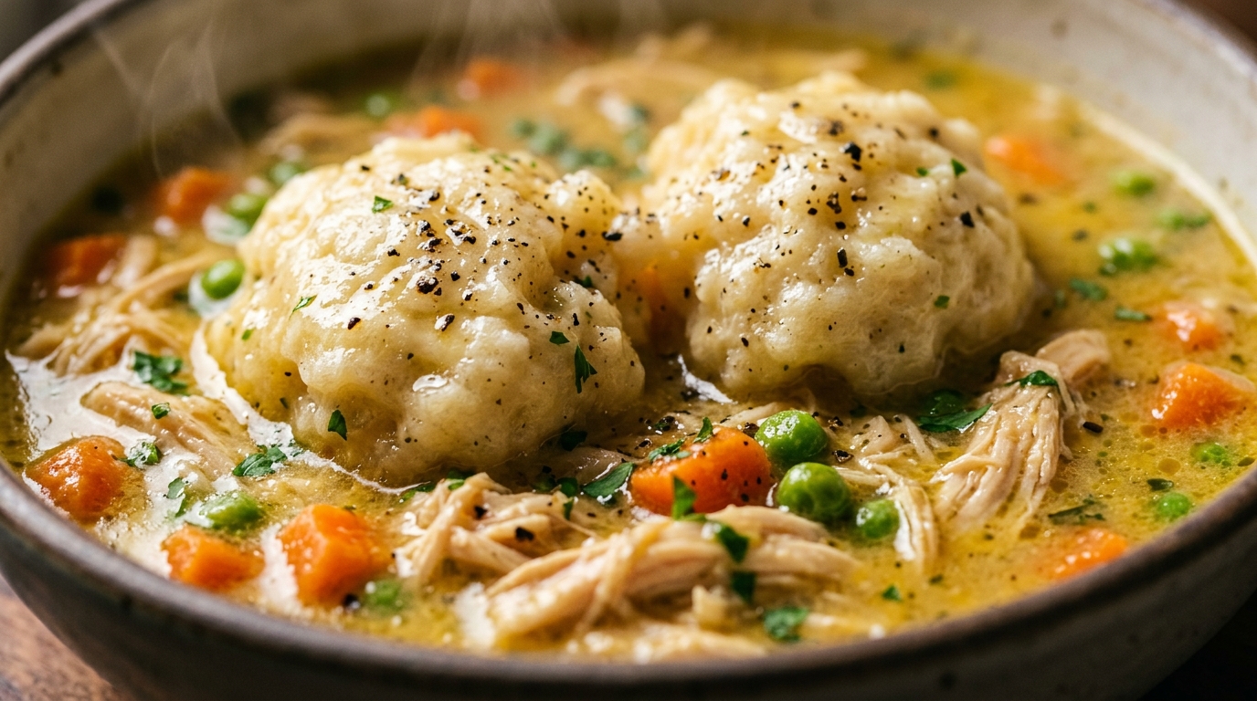 Ultra close up macro shot of slow cooker crockpot chicken and dumplings with fluffy steamed buttermilk dumplings in velvety chicken gravy