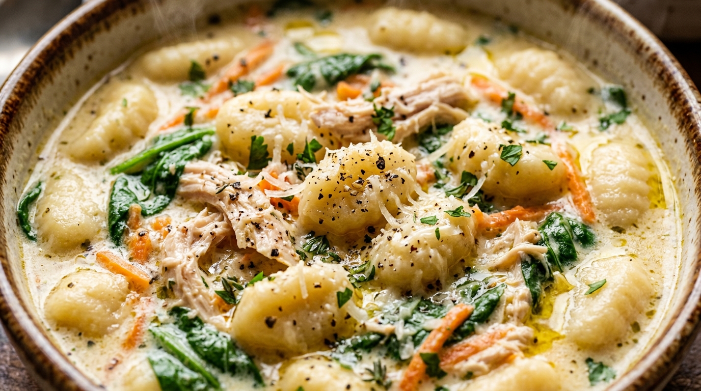 Ultra close up macro food photography of cozy creamy chicken gnocchi soup with tender shredded chicken, pillow-soft gnocchi, and wilted spinach