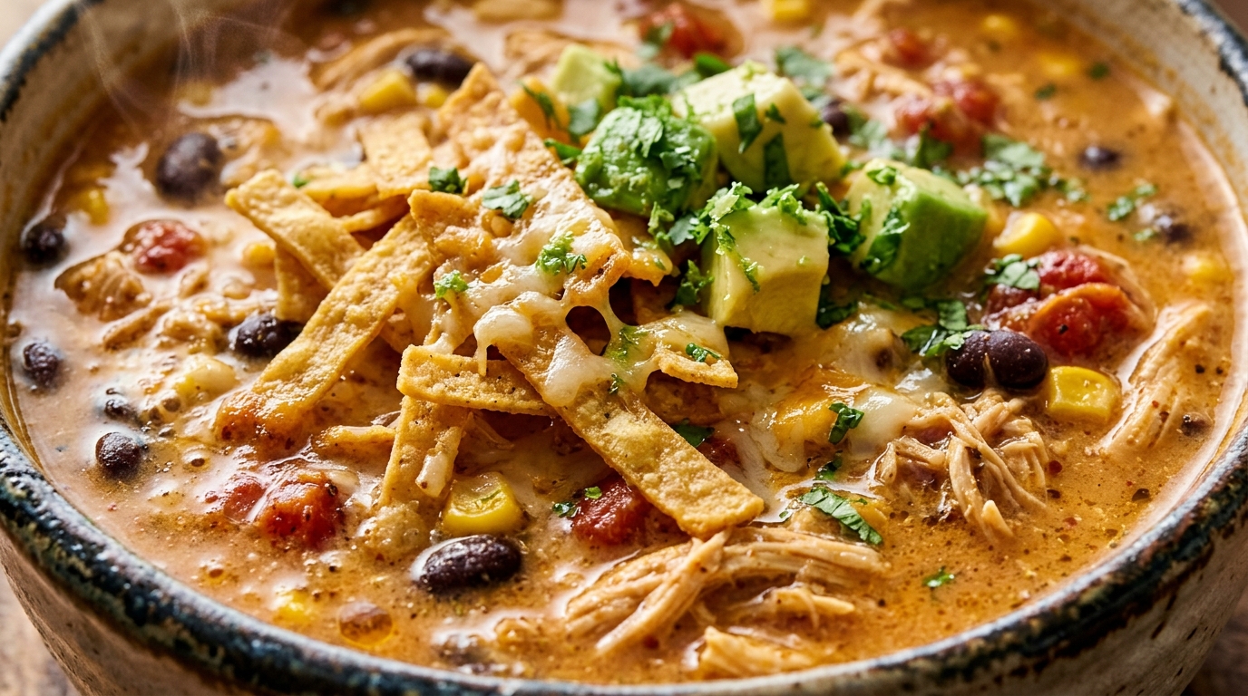 Ultra close up macro food photography of cozy creamy chicken tortilla soup with shredded chicken, black beans, corn, and crispy tortilla strips