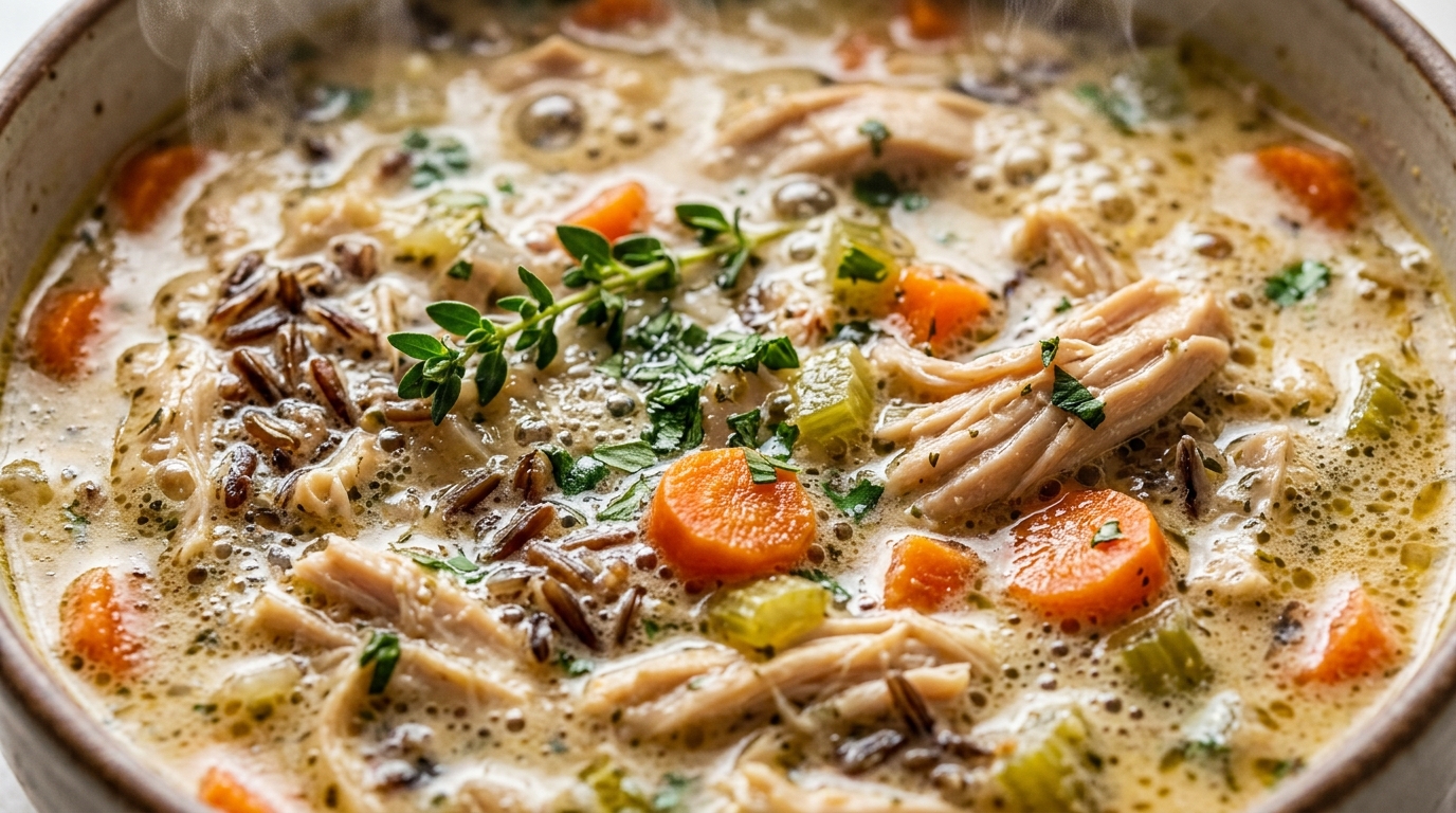 Ultra close-up macro food photography of cozy slow cooker creamy chicken and wild rice soup with shredded chicken tender carrots and wild rice grains