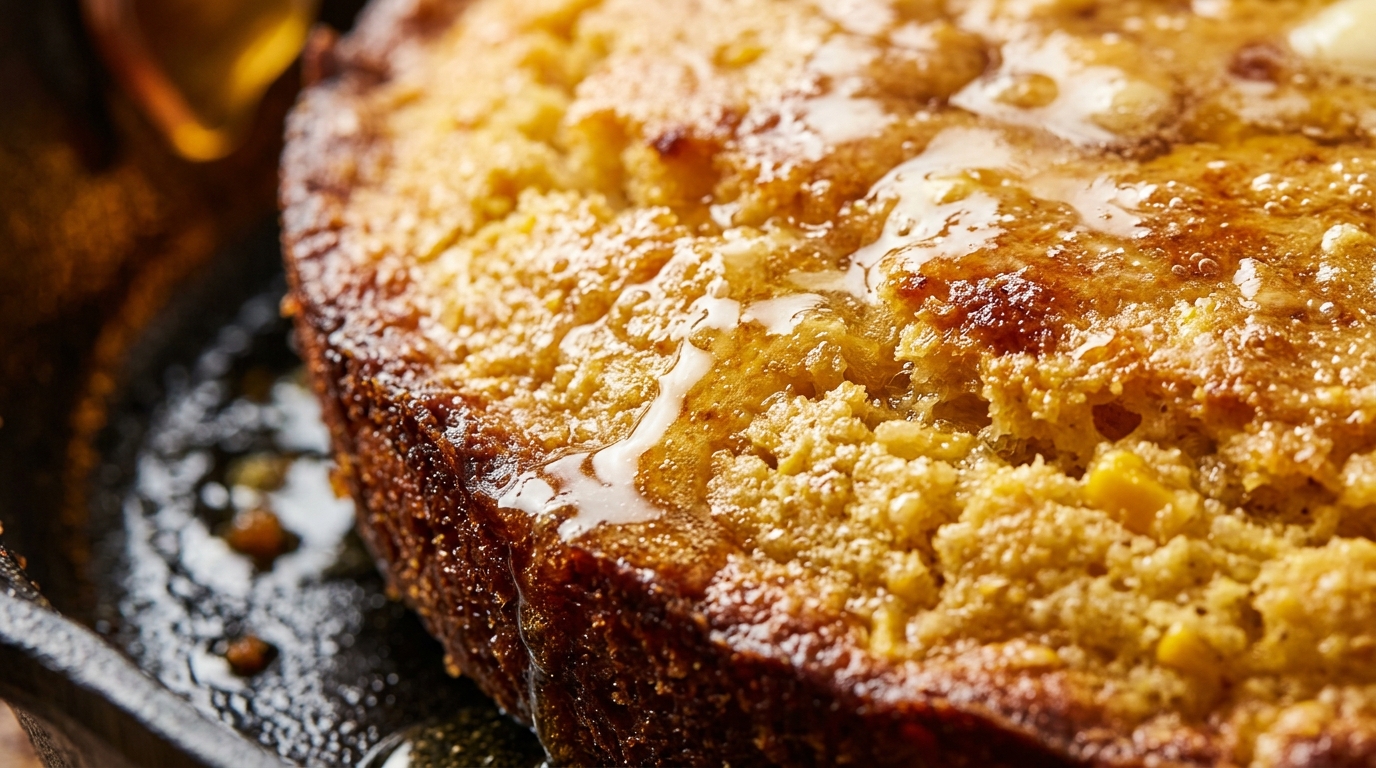 Ultra close up macro shot of golden honey brown butter skillet cornbread with glistening melted honey butter droplets and crispy caramelized cast iron crust