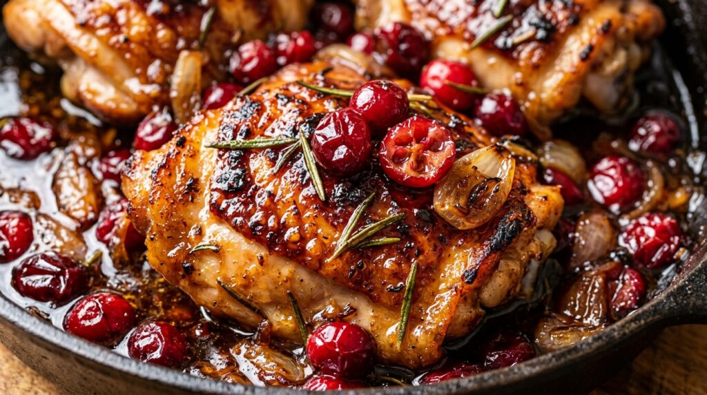 Ultra close up macro shot of crispy golden skin on roast chicken thighs bubbling in glossy ruby cranberry rosemary pan glaze with caramelized shallots