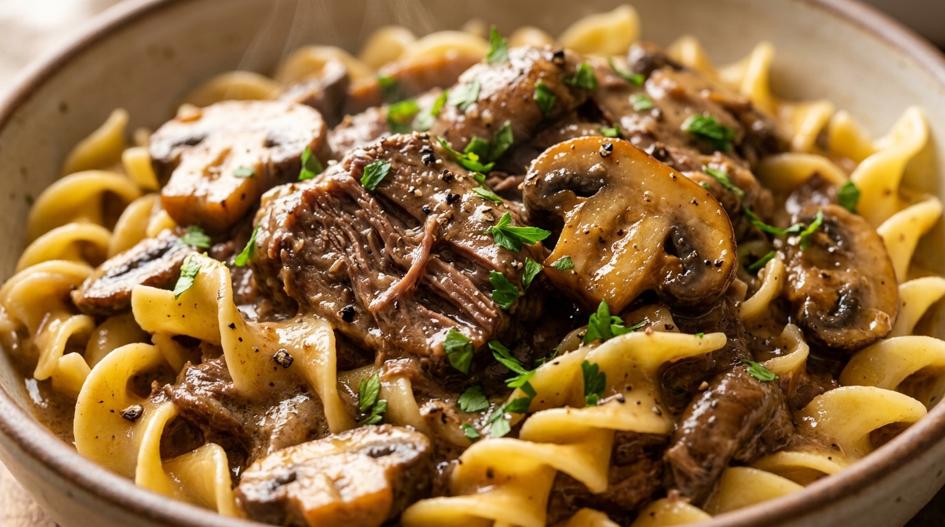 Ultra close-up macro food photography of rich velvety slow cooker beef stroganoff with tender beef chuck ribbons and cremini mushrooms in sour cream sauce over egg noodles