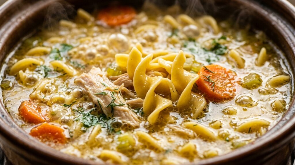Ultra close-up macro food photography of rich golden slow cooker chicken noodle soup bubbling with curly egg noodles tender shredded chicken carrots celery and fresh dill