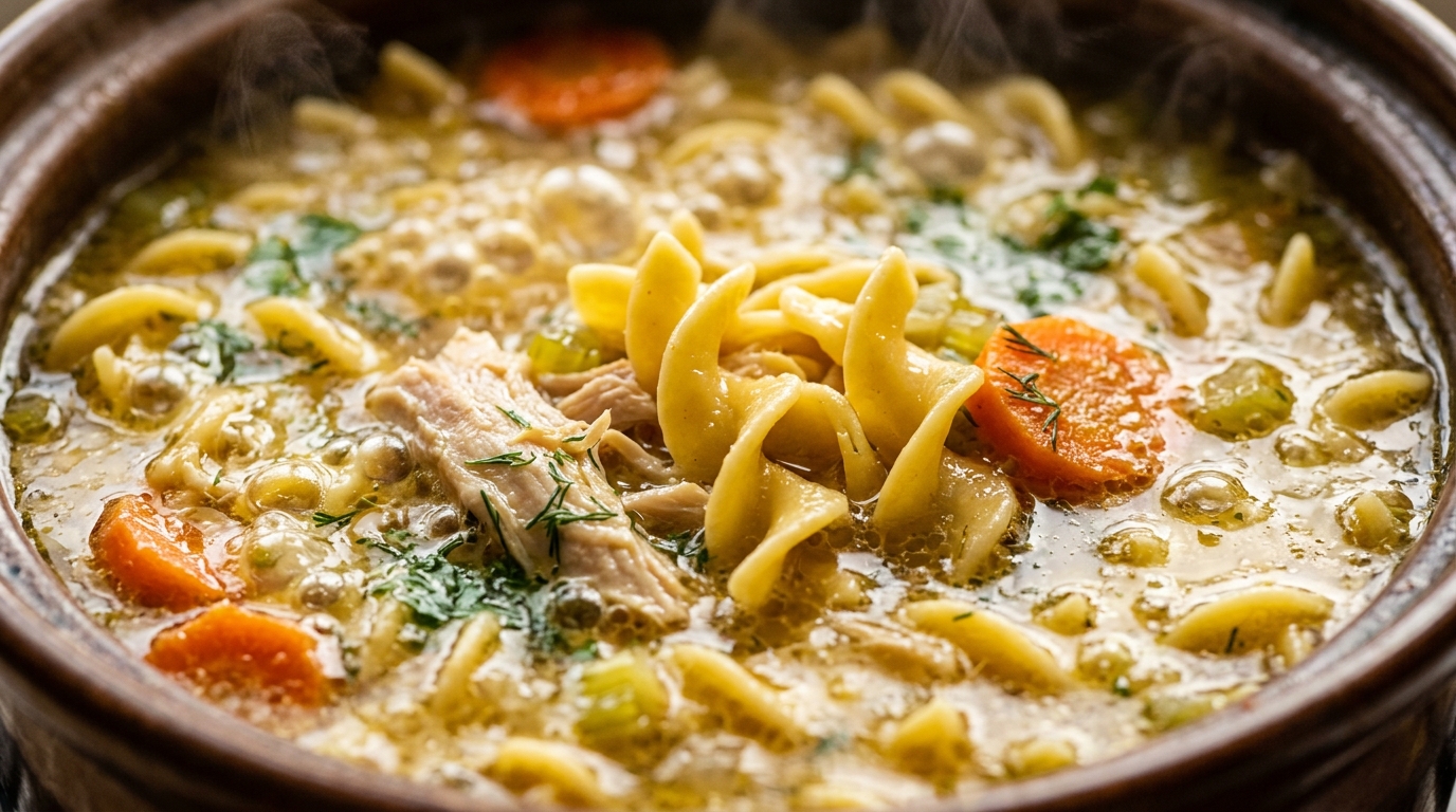 Ultra close-up macro food photography of rich golden slow cooker chicken noodle soup bubbling with curly egg noodles tender shredded chicken carrots celery and fresh dill